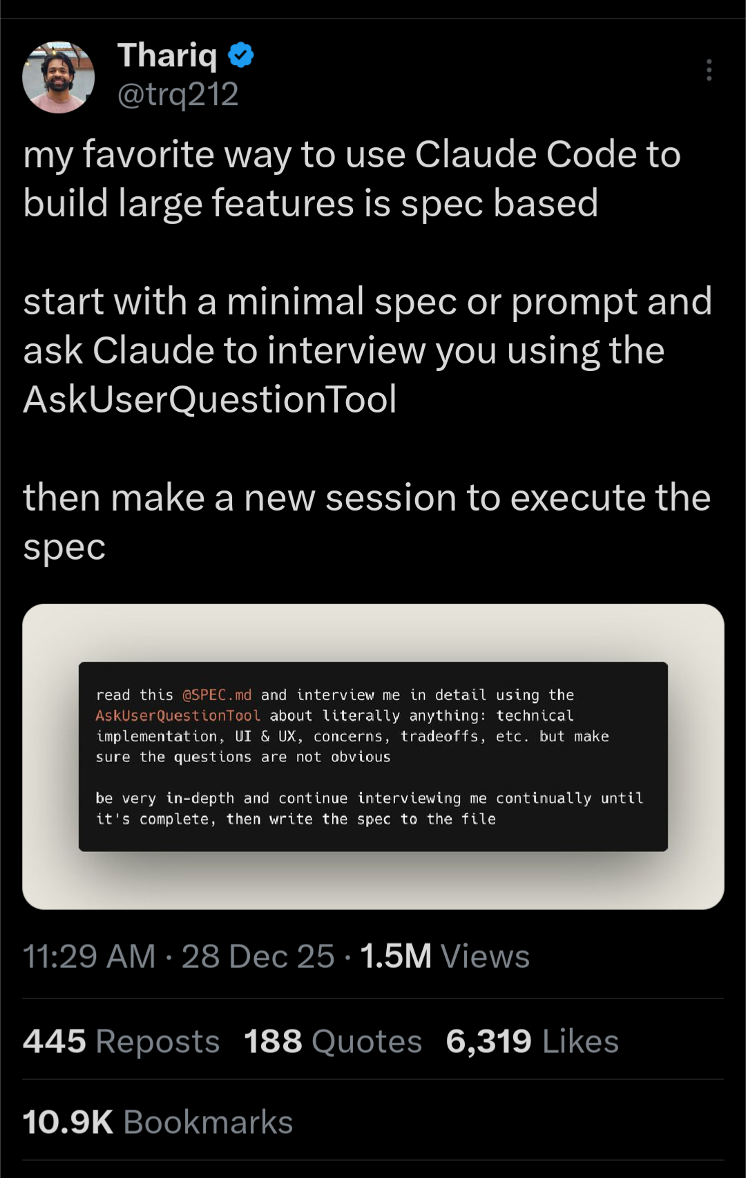 Screenshot of tweet by Thariq describing the interview technique for Claude Code
